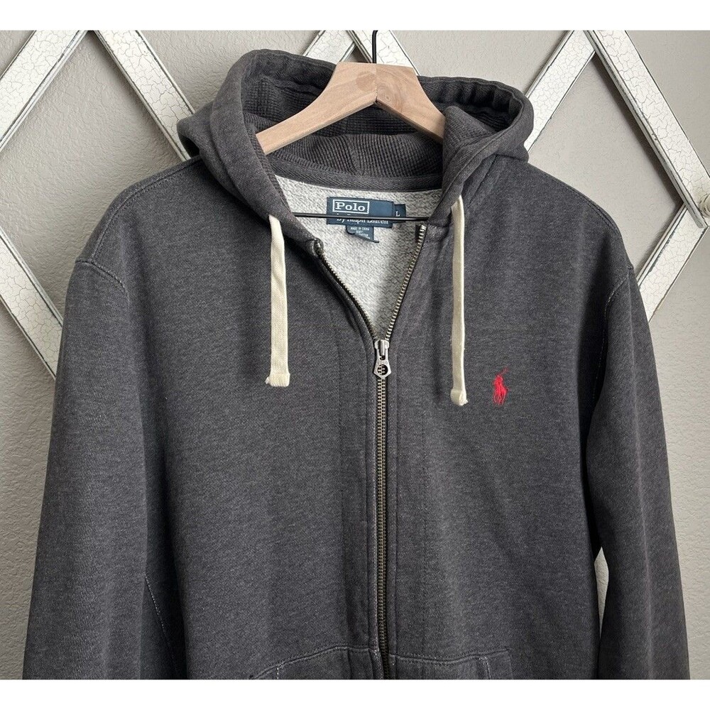 Polo by Ralph Lauren Men’s L Full Zip Hoodie Sweatshirt Jacket -Gray w/ Red Pony - Picture 2 of 9